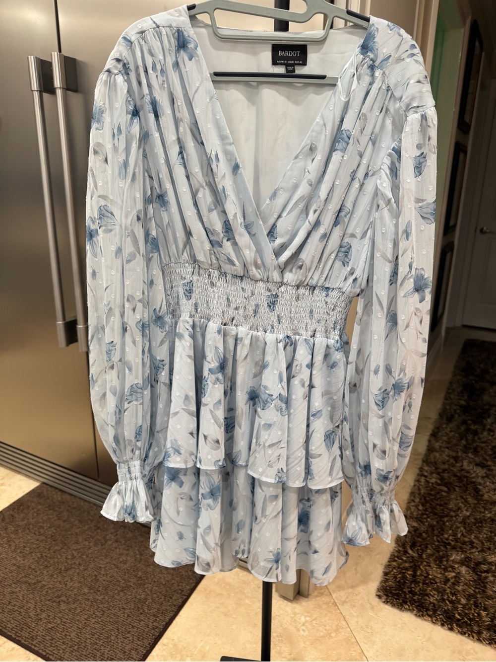 Bardot Pale Blue and White Floral Tiered V-Neck Dress